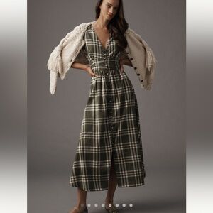 Anthropologie Olive Green & Cream Plaid Midi Dress